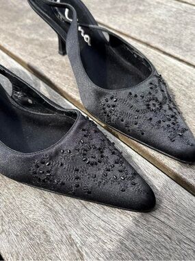 Nina Black Satin Beaded Pointed Slingback Kitten Heels